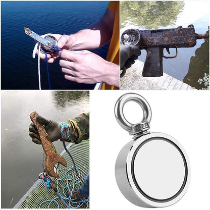 Neodymium Magnet Fishing Kit, 700Lbs Double Side Fishing Magnet Heavy Duty Rare Earth Magnet with Countersunk Hole Eyebolt for Retrieving Items in River, Lake, Beach, Lawn - 2.36Inch Diameter