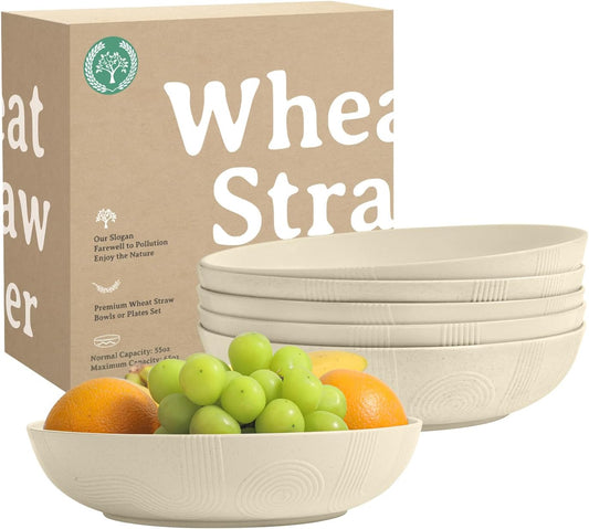 Large 65 Oz Wheat Straw Salad Bowls - Set of 6, 10 Inch Wide and Shallow Serving Bowls, Dishwasher Safe, Beige