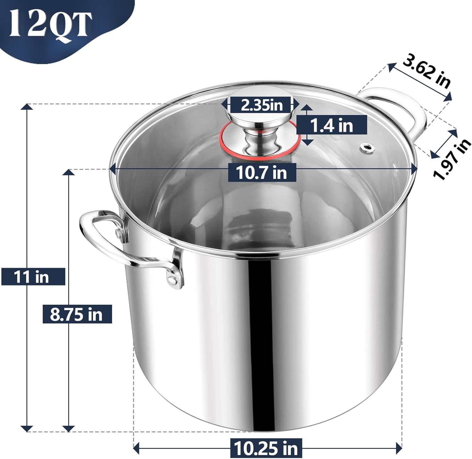 12 Quart Stainless Steel Stock Pot with Lid, Large Stockpot for Cooking Pasta Soup, Cookware for Induction Gas Electric Stoves, Visible Lid & Measuring Markings, Dishwasher Safe