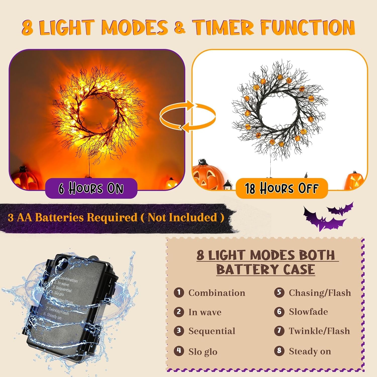 Halloween Garland with Lights Decorations with Pumpkin Lights,Battery Operated 6FT 47 LED Halloween Willow Vine Twig Garland for Mantle,Wall,Fireplace and Halloween Decorations