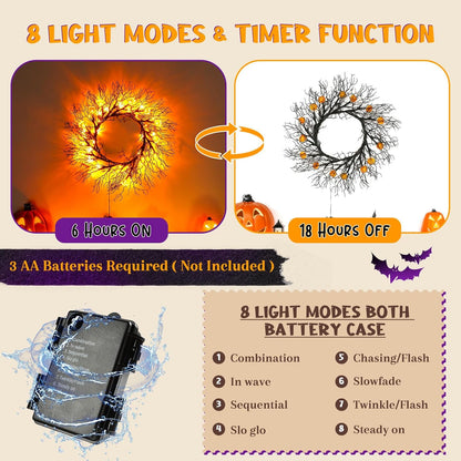 Halloween Garland with Lights Decorations with Pumpkin Lights,Battery Operated 6FT 47 LED Halloween Willow Vine Twig Garland for Mantle,Wall,Fireplace and Halloween Decorations