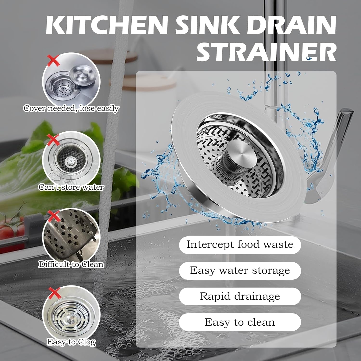 2 Pack Kitchen Sink Drain Strainer, 3 in 1 Sink Stopper Fits US Standard 3-1/2" Drains Sink Strainer with 304 Stainless Steel Pop Ups Anti-Blocking Anti-Rust High Temperature Resistant