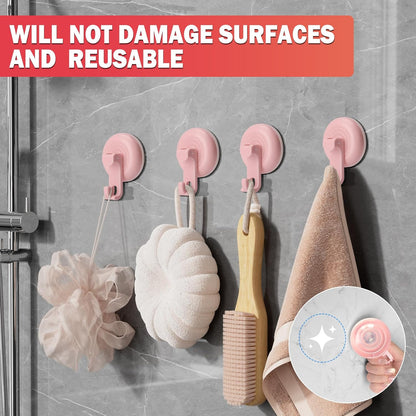 Suction Cup Hooks for Shower, Powerful Vacuum Shower Hook for Towel, Robe, Loofah - Reuseable and Removeable Bathroom Hook, Pink, 4 Pack