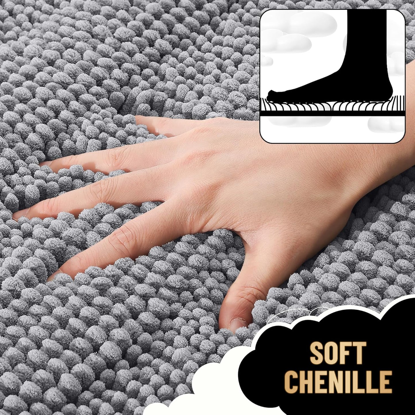 Thick Toilet Rugs U-Shaped 24X20, Extra Soft Absorbent Chenille Striped Contour Bathroom Rugs for Toilet, Dry Quickly, Machine Washable, Non-Slip Bath Mat, Grey