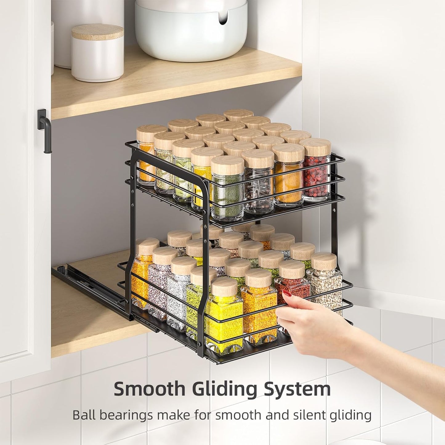 Pull Out Spice Rack Organizer for inside Cabinet, 2 Tier Spice Organization for Cabinet, 9.65"W X 10.7"D X 10.24"H, Vertical Slide Out Seasoning Organizer, Black (Not for Cabinet with Lip)