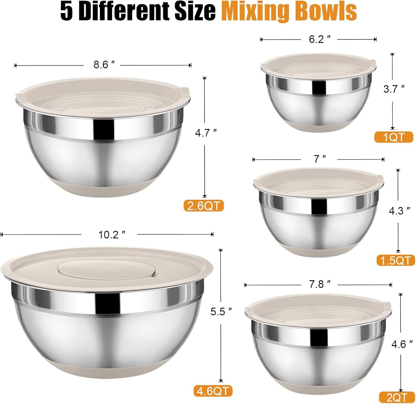 Mixing Bowl with Lid Set, 5 Piece Stainless Steel Mixing Nesting Bowls for Salad Storage, 3 Grater Attachments & Non-Slip Bottoms, Size 1/1.5/2 / 2.6/4.6 QT, Khaki