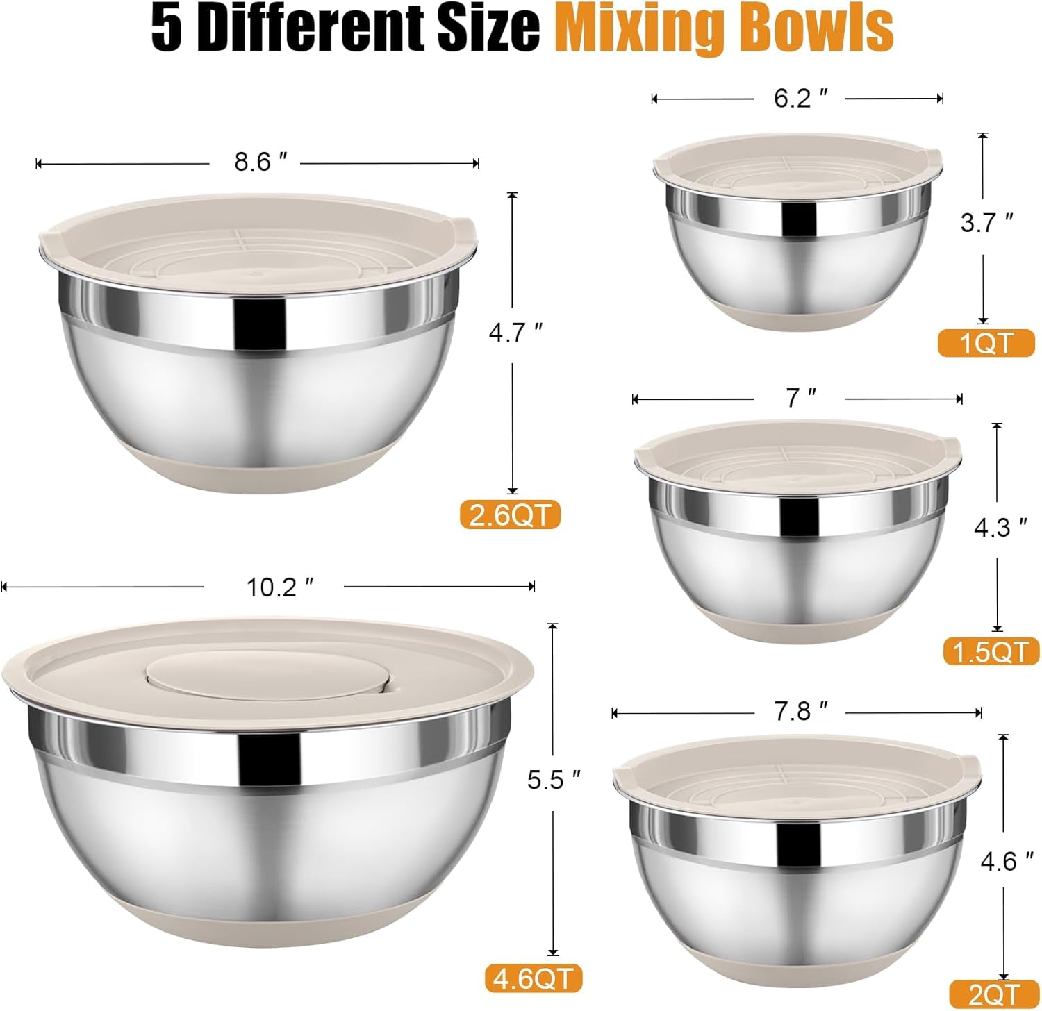 Mixing Bowl with Lid Set, 5 Piece Stainless Steel Mixing Nesting Bowls for Salad Storage, 3 Grater Attachments & Non-Slip Bottoms, Size 1/1.5/2 / 2.6/4.6 QT, Khaki