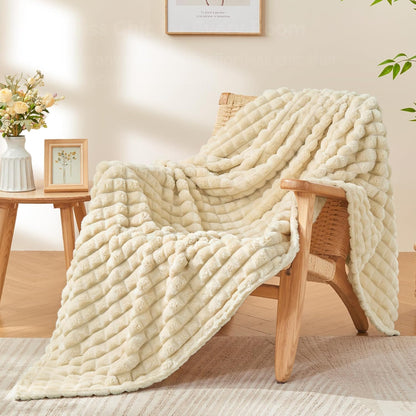 Beige Throw Blanket for Couch and Bed- Super Soft and Warm 3D Checkered Fluffy Fuzzy Fleece Blanket, Luxurious Plush Cozy Blanket for Room Decor Spring, 50X60 Inches