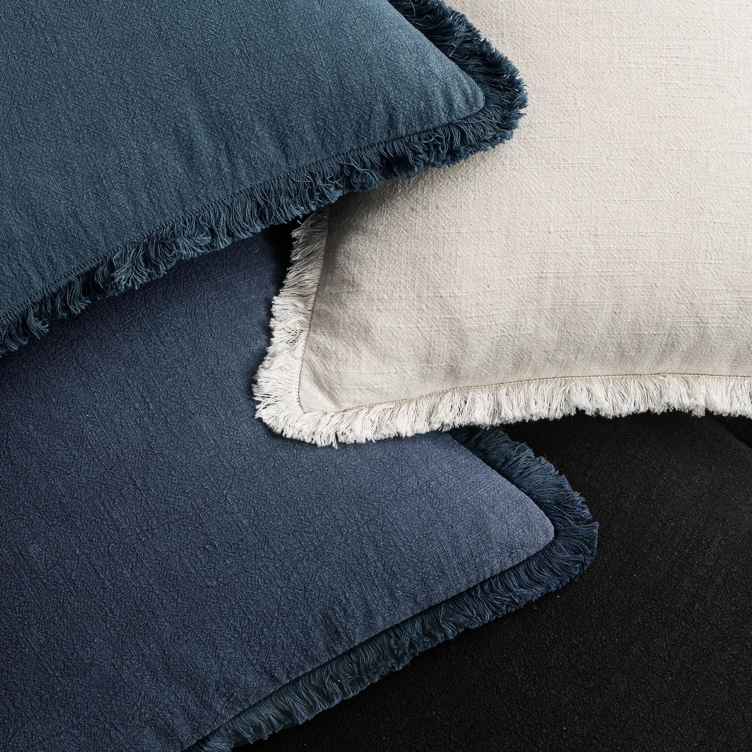 Christmas Decorative Couch Pillow Covers Neutral Linen Fringe Throw Pillows Set of 4 Boho Farmhouse Cushion Modern Pillowcases for Bed Sofa Living Room Home Decor 18X18 Inch Beige/Coastal Blue