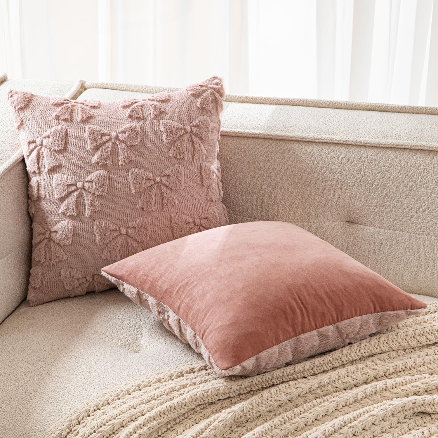 Blush Pink Bow Pillow Covers - Set of 2 Soft Plush Decorative Pillowcases for Aesthetic Room Decor, 18x18 Inches
