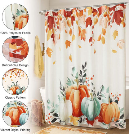 Fall Thanksgiving Shower Curtain, Waterproof Printed Harvest Autumn Floral Pumpkin Bathroom Curtain Decor, Farmhouse Halloween Shower Curtains for Bathroom, 72X72 Inch