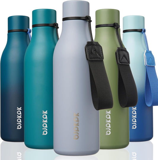 Insulated Water Bottles, 18 Oz Stainless Steel Metal Water Bottle with Strap, BPA Free Leak Proof Thermo, Mugs, Flasks, Reusable Thermo for Sports & Travel, Mist Grey