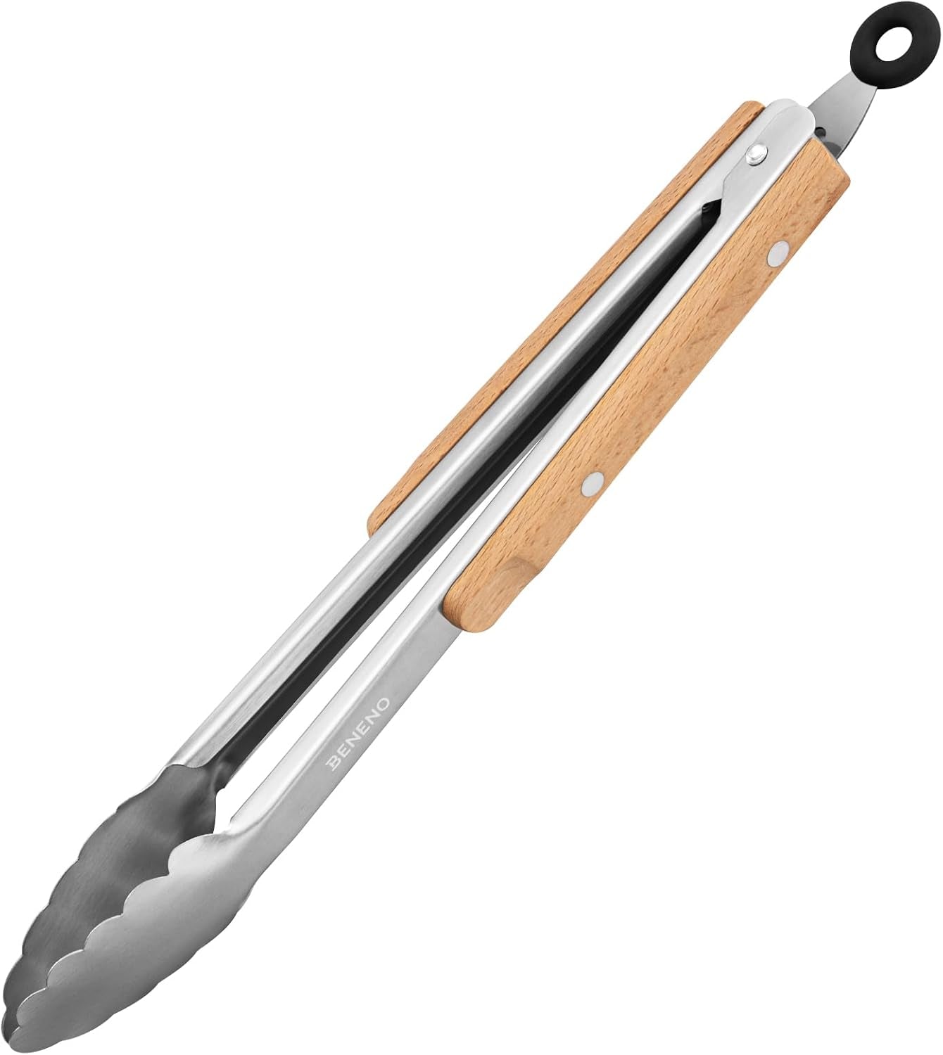 Tongs for Cooking, Food-Grade Stainless Steel Kitchen Tongs 12-Inch with Lightweight Heat-Insulating Wooden Grip & Non-Slip Scalloped Tips, Sturdy Locking Metal Tong for Cooking, Grill
