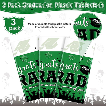 3 Pack Graduation Tablecloth Party Decorations, Class of 2025 Congrats Grad Plastic Tablecover Party Supplies, Green Rectangle Graduation Table Decorations for College High School Party, 54 X 108 Inch