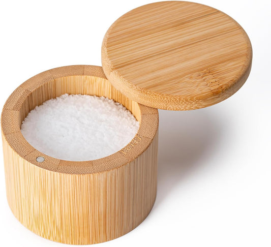 Bamboo Salt Cellar, Magnetic Swivel Lid Salt Box, round Container for Storing Pepper Sugar Herbs, 6 Ounce Capacity