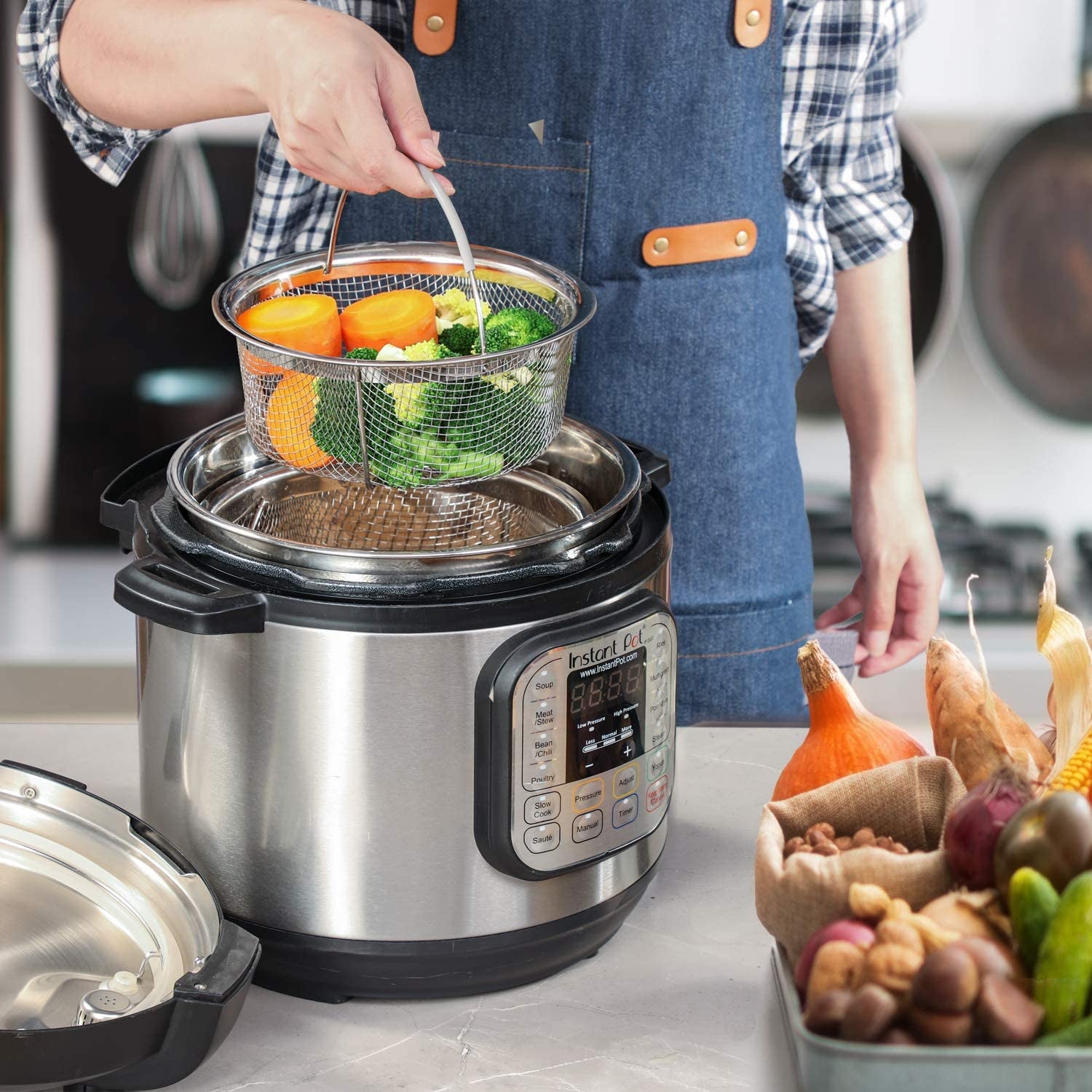 Steamer Basket for Instant Pot Accessories 6 Qt or 8 Quart - 2 Tier Stackable 18/8 Stainless Steel Mesh - Silicone Handle - Vegetable Steamer Insert, Egg Basket, Pasta Strainer,Silver