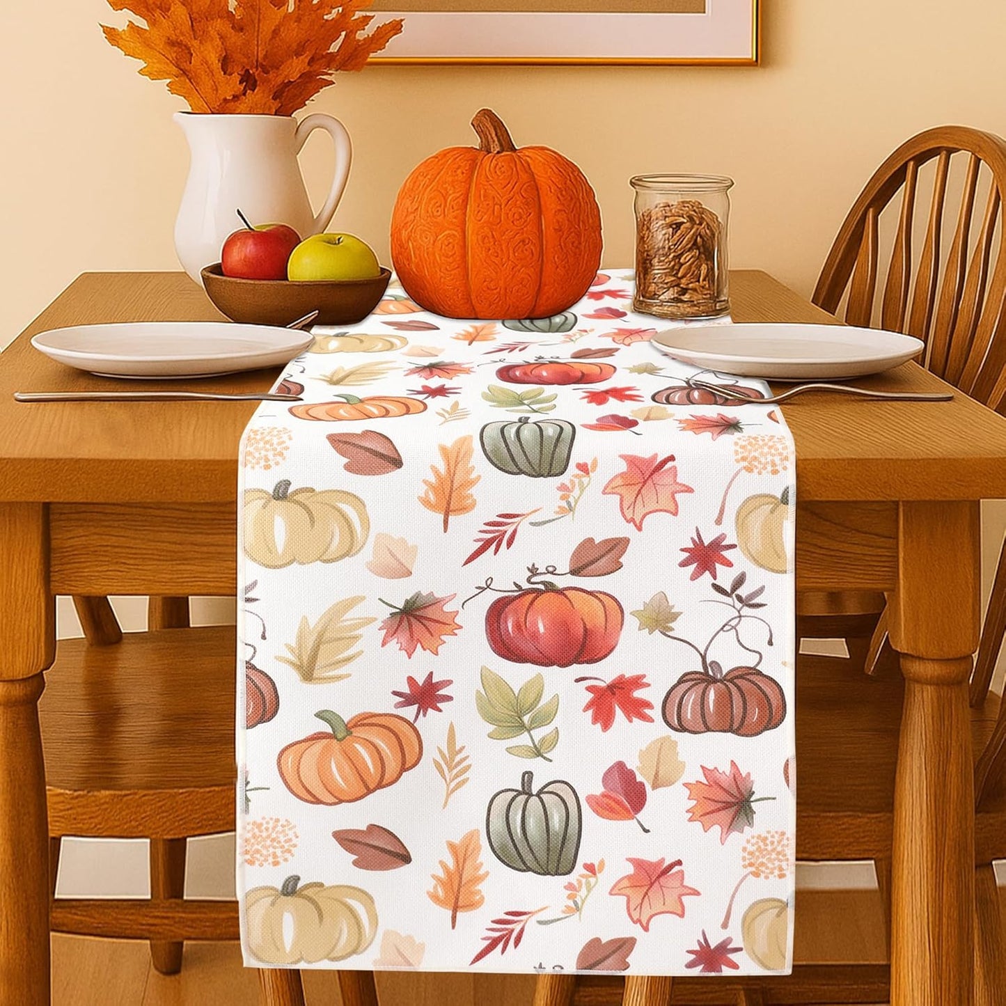 Fall Table Runner for Kitchen Dining Table, Thanksgiving Autumn Printed Harvest Pumpkins Maple Leaves Textured Fabric Halloween Holiday Home Decorations, Water-Proof, Washable, 13" W X 36" L