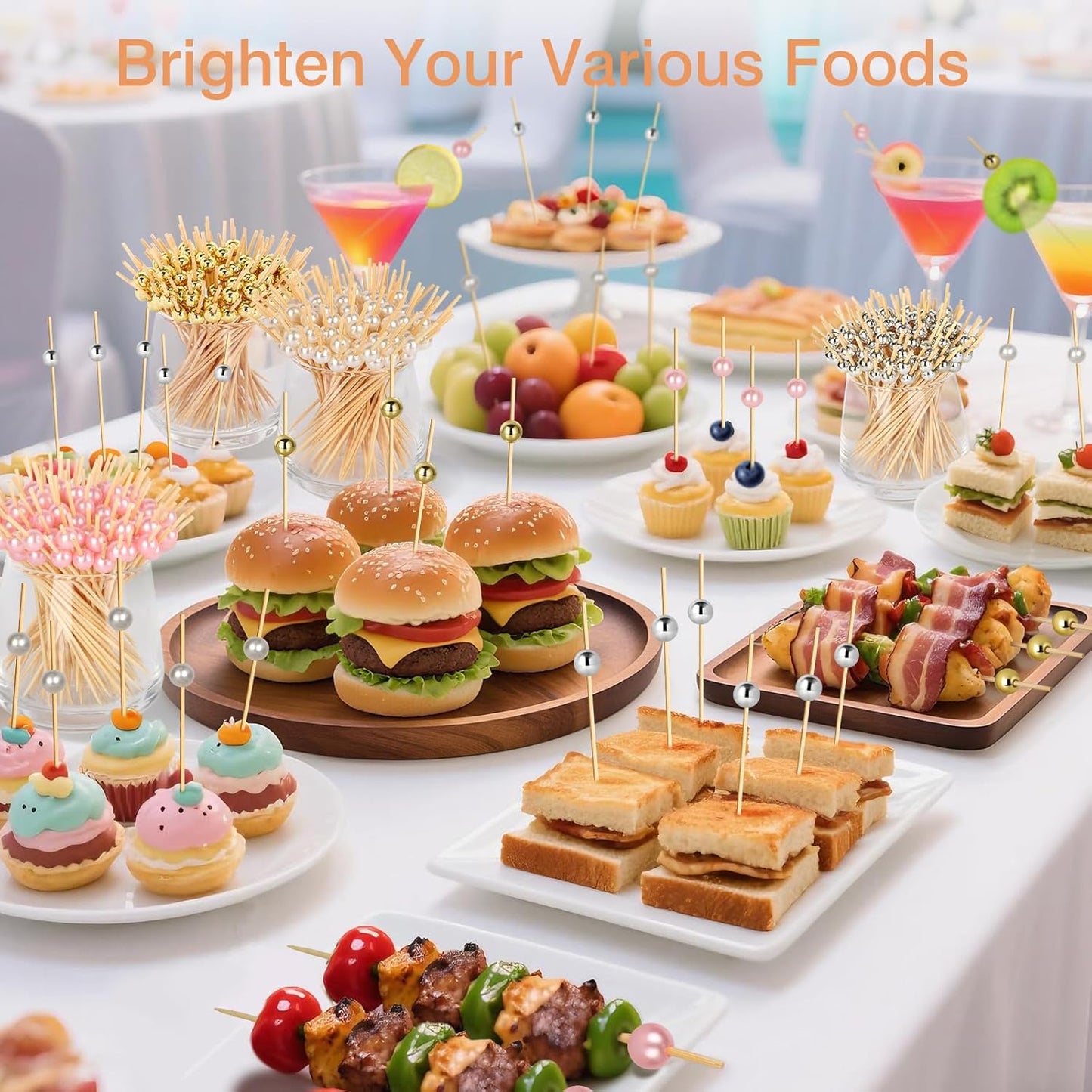 200 Cocktail Picks, Decorative Pearl Fancy Toothpicks for Appetizers, 4.7 in Long Bamboo Skewers Wood Garnish Sticks for Food Drink Fruit Party Charcuterie Boards Accessories (Gold/White/Pink/Silver)