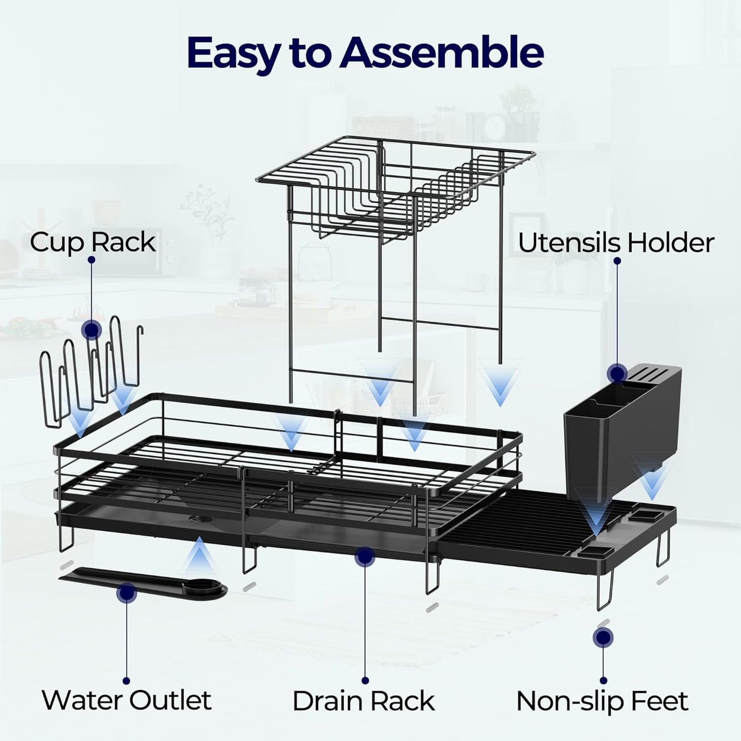 2 Tier Large Dish Drying Rack - Extendable Dish Rack for Kitchen Counter, Multifunctional Dish Drainer with Drainboard Set, Dishrack with Utensil Holder & Cup Holder, 13.4"-28.7" L X 11.8" W