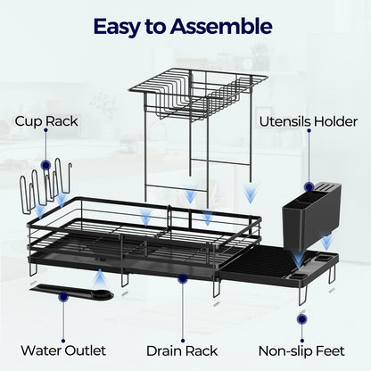 2 Tier Large Dish Drying Rack - Extendable Dish Rack for Kitchen Counter, Multifunctional Dish Drainer with Drainboard Set, Dishrack with Utensil Holder & Cup Holder, 13.4"-28.7" L X 11.8" W