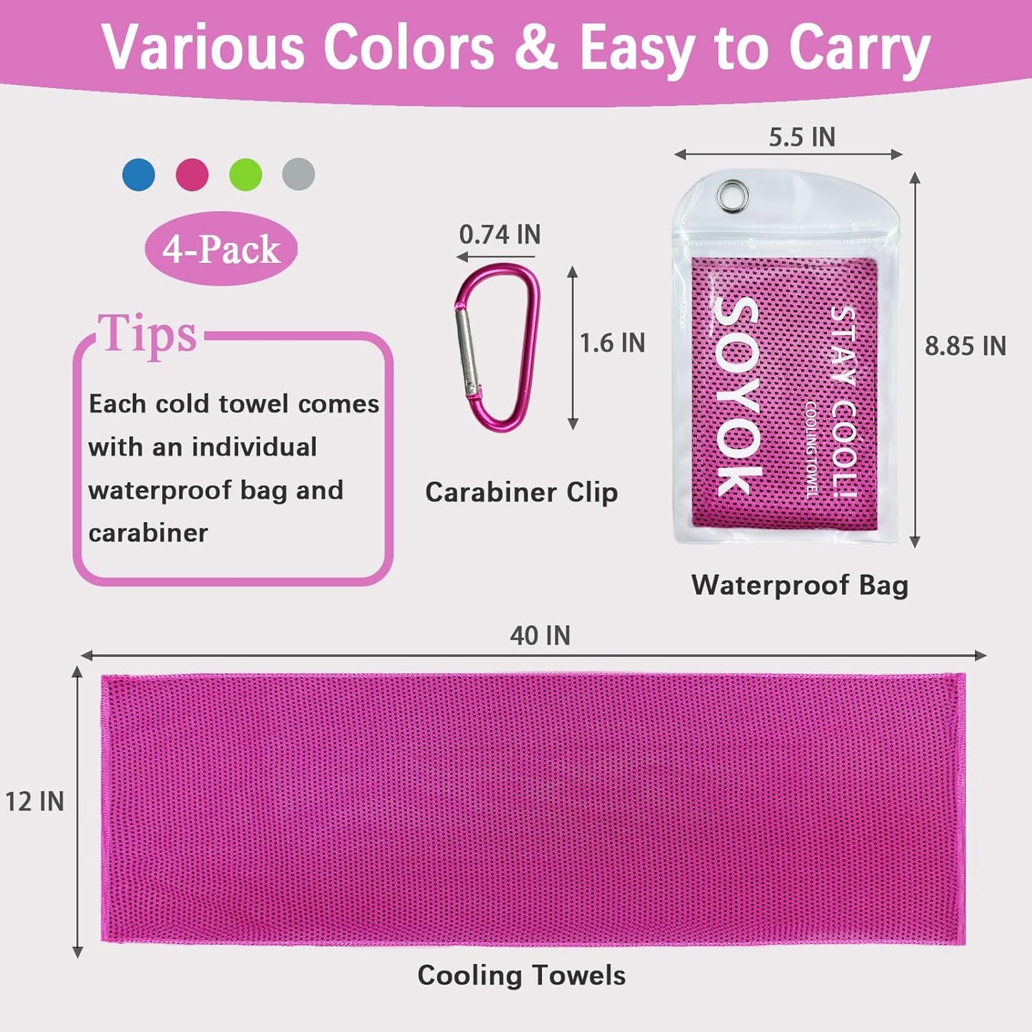 4 Packs Cooling Towel, 40" X 12" Microfiber Cooling Towels for Neck and Face, Soft Breathable Gym Towel for Working Out with Waterproof Bag & Carabiner, Sweat Towels for Running, Yoga, Travel, Climb