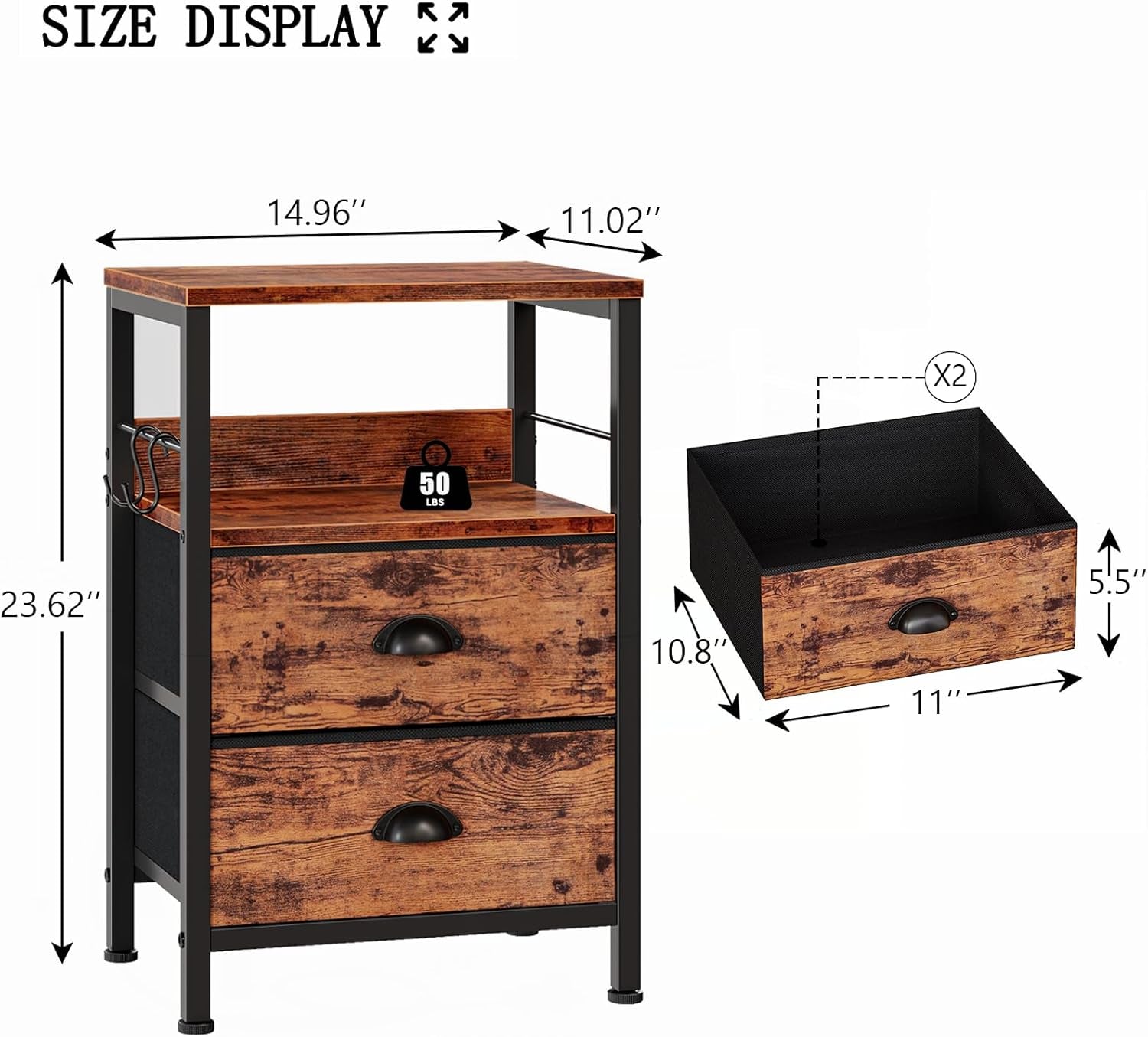 Nightstands Set 2, Bedside Table with 2 Fabric Drawers, End Table with Hooks and Shelf, Side Table for Bedroom/Living Room/Study/Hallway/Brown