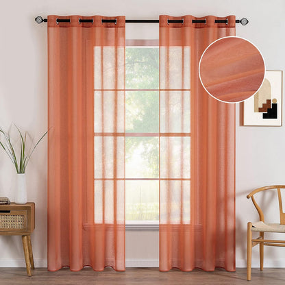 2 Panels Burnt Orange Semi Sheer Window Curtains Elegant Grommet Top Window Voile Drapes/Treatment Linen Textured Panels for Bedroom Living Room Fall Decor (54X72 Inches)