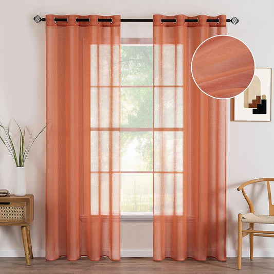 2 Panels Burnt Orange Semi Sheer Window Curtains Elegant Grommet Top Window Voile Drapes/Treatment Linen Textured Panels for Bedroom Living Room Fall Decor (54X72 Inches)