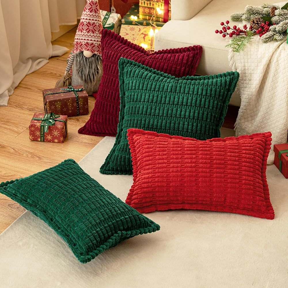 Christmas Green Corduroy Decorative Throw Pillow Covers Pack of 2 Soft Striped Pillows Pillowcases with Broad Edge Winter Modern Boho Home Decor for Couch Sofa Bed Spring 18X18 Inch
