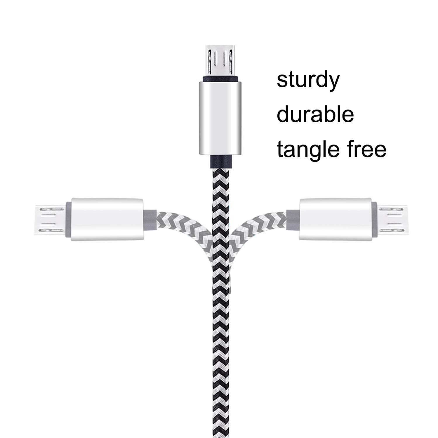 Micro USB Cable,[10Ft3Pack], High Speed 2.0 USB a Male to Micro USB Sync & Charging Nylon Braided Cable for Android Smartphone Tablets Wall and Car Charger Connection[Silver&Blackwhite]