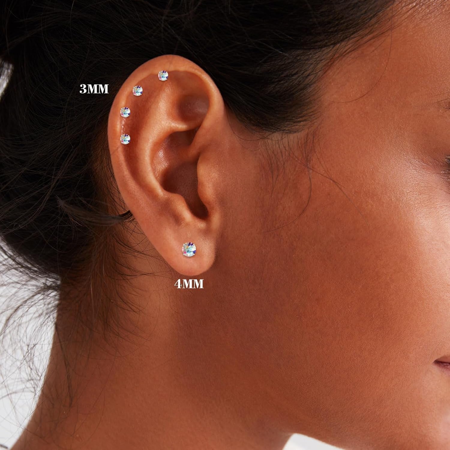 Flat Back Earrings 4Mm Stud Earrings for Women, Cubic Zirconia Stud Earrings Hypoallergenic Spiral Ear Cartilage Earlobe Silver Earrings (4Mm)