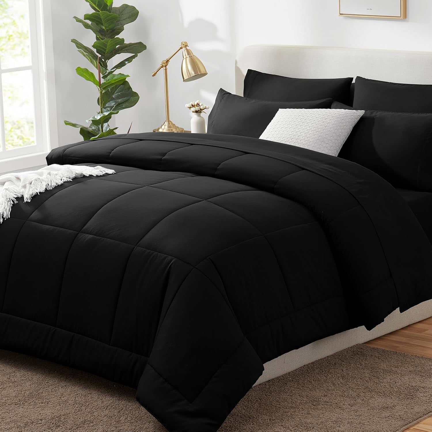 Queen Comforter Set Black 7 Pieces Bed in a Bag Black Premium Comforters Queen Size Bed Set Bedding Sets Queen with All Season Stitch Quilted Comforter, Flat Sheet, Fitted Sheet, Pillowcases
