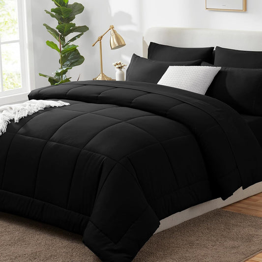 Queen Comforter Set Black 7 Pieces Bed in a Bag Black Premium Comforters Queen Size Bed Set Bedding Sets Queen with All Season Stitch Quilted Comforter, Flat Sheet, Fitted Sheet, Pillowcases
