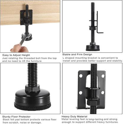 8-Piece Heavy-Duty Adjustable Leveling Feet, 4.7" Metal Levelers for Furniture, Tables, Cabinets, Workbenches, and Wardrobes - Black