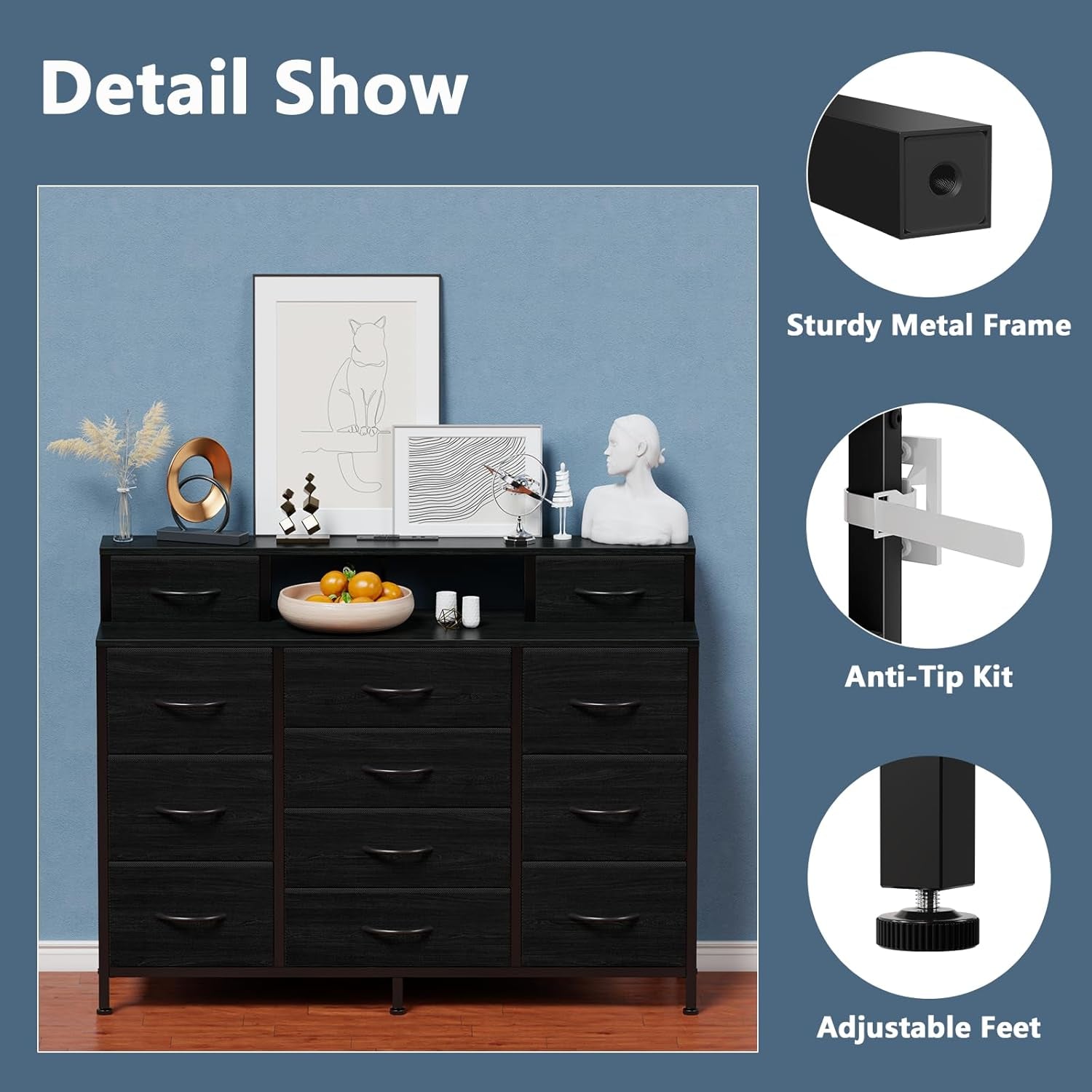 Elegant Black Bedroom Dresser with LED Lighting and Integrated Charging Station, 47"W Closet Chest with 12 Storage Drawers, Versatile TV Stand and Hallway Furniture, Featuring a 2-Tier Wooden Top and Sturdy Metal Frame