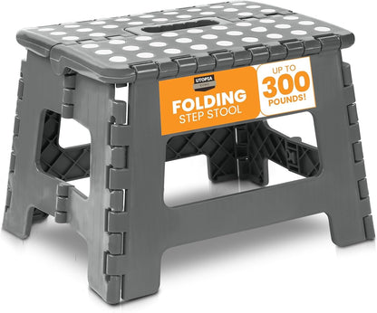 Folding Step Stool with 9 Inch Height (Pack of 1) - Holds up to 300 Lbs - Lightweight Plastic Foldable Step Stool for Kitchen, Bathroom & Living Room (Light Grey)