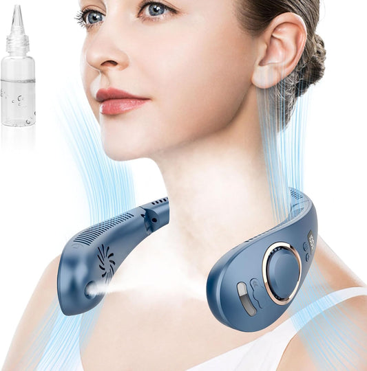 Neck Fan with Mist Spray,Personal Bladeless Folding Neck Fans That Blow Cold Air,Portable Nexk Fan Rechargeable Battery Operated Quiet Headphones Device,Wearable Necklace AC for Women Men Kids Blue