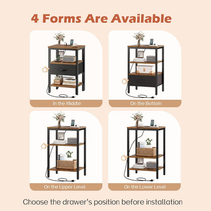 Rustic Brown and Black Nightstand with Charging Station and Adjustable Fabric Drawer, 3-Tier Storage End Table for Bedroom and Living Room