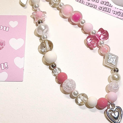 Pink Beaded Phone Charm Aesthetic Y2K Cell Phone Charms Strap Accessories for Keychain Camera