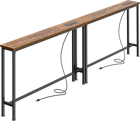 Narrow 5.9-Inch Console Table Set of 2 with Outlet, 78-Inch Length Entryway and Sofa Tables with Charging Station in Rustic Brown for Living Room