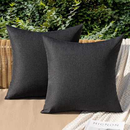 Pack of 2 Decorative Outdoor Solid Waterproof Throw Pillow Covers Faux Linen Garden Farmhouse Cushion Cases for Halloween Patio Tent Balcony Couch Sofa 12X12 Inch Black