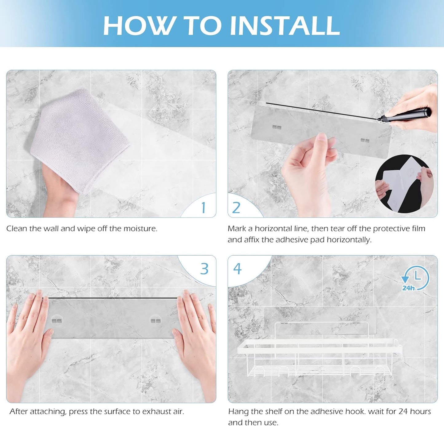 2 Pack Adhesive White Shower Caddy Organizer with Hooks, Rustproof No Drilling Wall Mounted Storage Shelf Rack for inside Shower/Bathroom/Kitchen