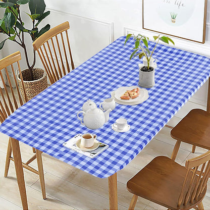 Blue Checkered Waterproof Vinyl Fitted Table Cover with Flannel Backing, 30" x 96", Ideal for Picnics, Travel, Holidays, and Parties