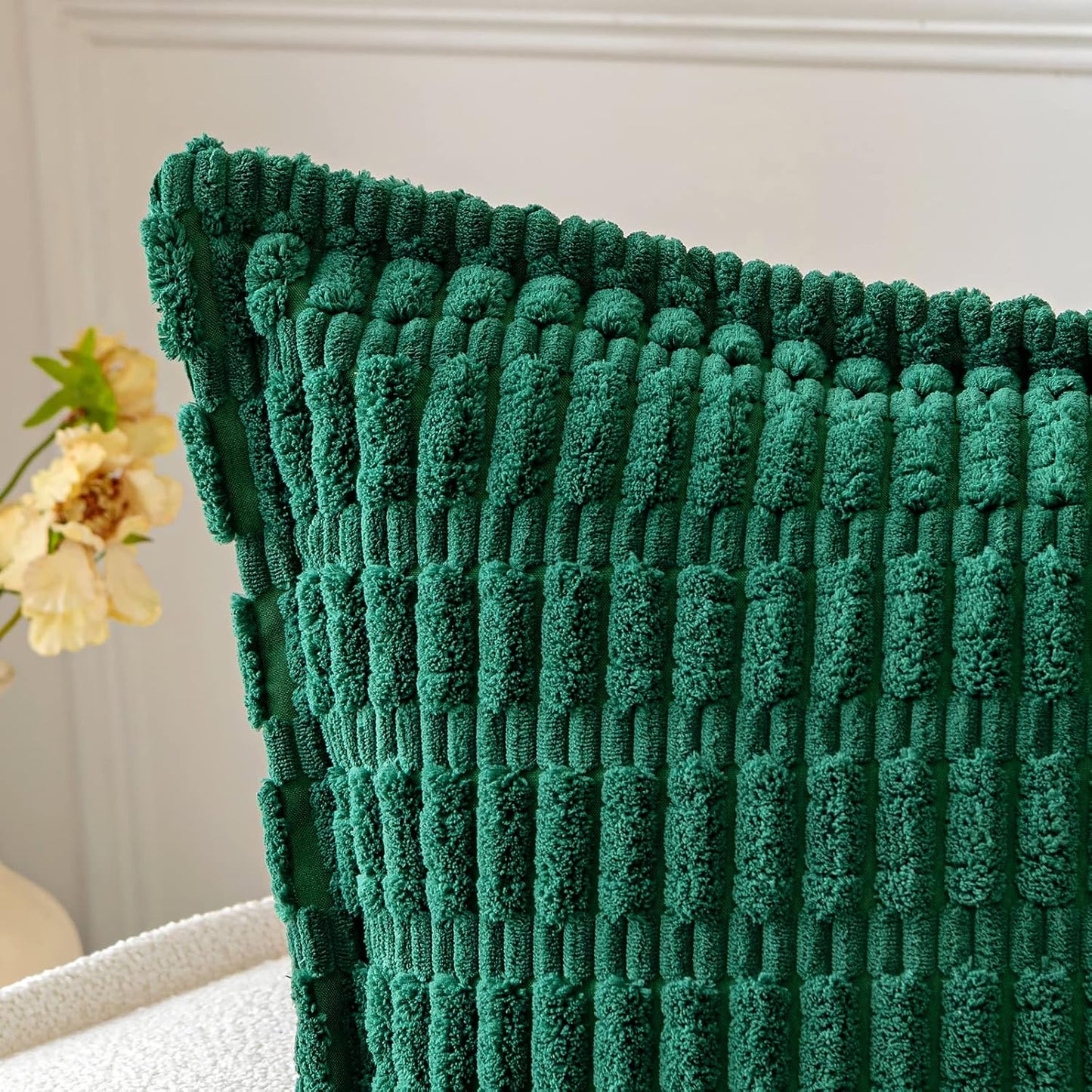 Christmas Green Corduroy Decorative Throw Pillow Covers Pack of 2 Soft Striped Pillows Pillowcases with Broad Edge Winter Modern Boho Home Decor for Couch Sofa Bed Spring 18X18 Inch