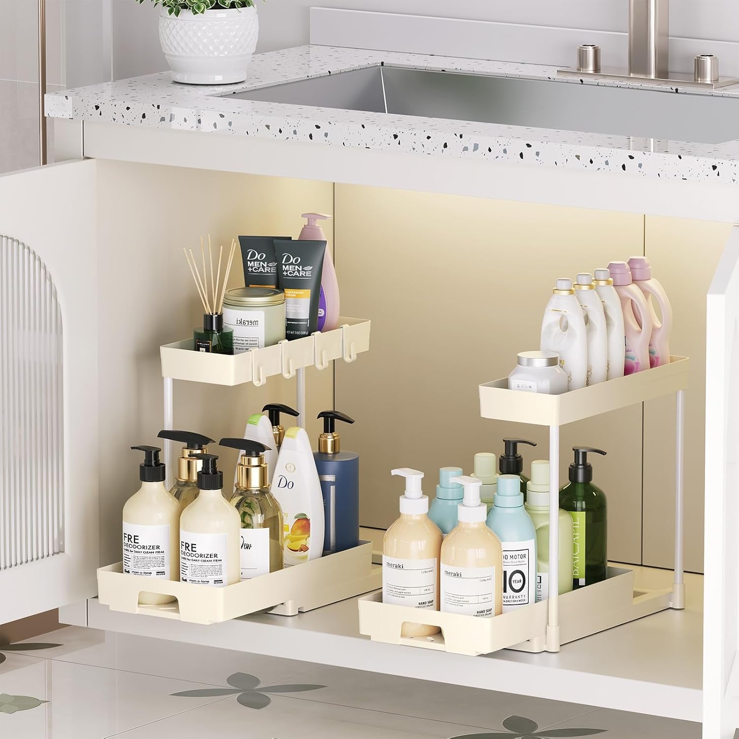 2 Pack under Sink Organizers and Storage, L-Shape Beige under Bathroom Kitchen Sink Organizer with Drawer for under Sink Storage Organizer