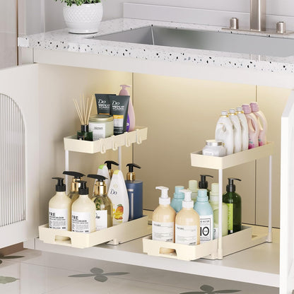 2 Pack under Sink Organizers and Storage, L-Shape Beige under Bathroom Kitchen Sink Organizer with Drawer for under Sink Storage Organizer