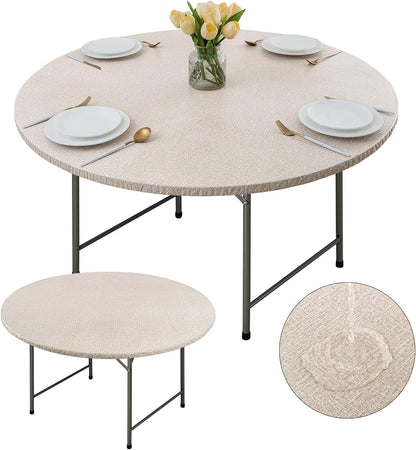 2-Pack Faux Linen Round Table Covers with Flannel Backing, Waterproof Vinyl Fitted Elastic Tablecloths for Picnics, Parties, and Indoor Dining (Fits 45"-56" Round Tables)