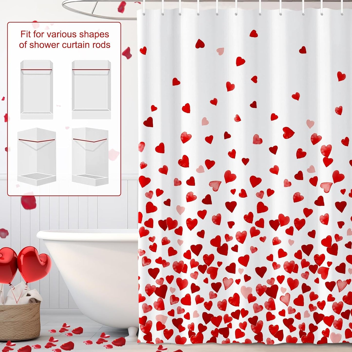 71 X 71 Inches Valentines Shower Curtain Bottom with Pink and Red Love Heart Romantic Bathroom Curtain Waterproof Polyester Curtain Hooks Set for Valentine'S Bathroom Decorations
