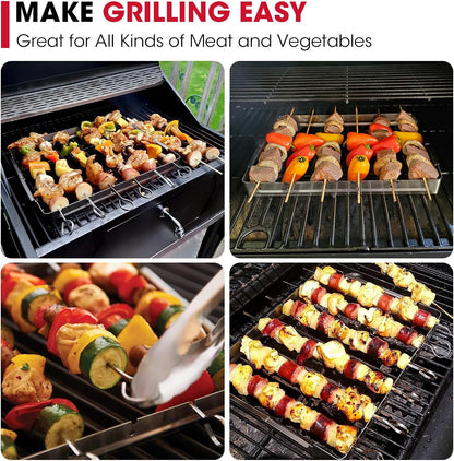 Stainless Steel BBQ Shish Kabob Set, Foldable Shish Kabob Holder with 6Pcs 13"L Skewers, Reusable Grill Rack, Comes with 30Pcs 12.5"L Bamboo Skewers for Party and Cookout