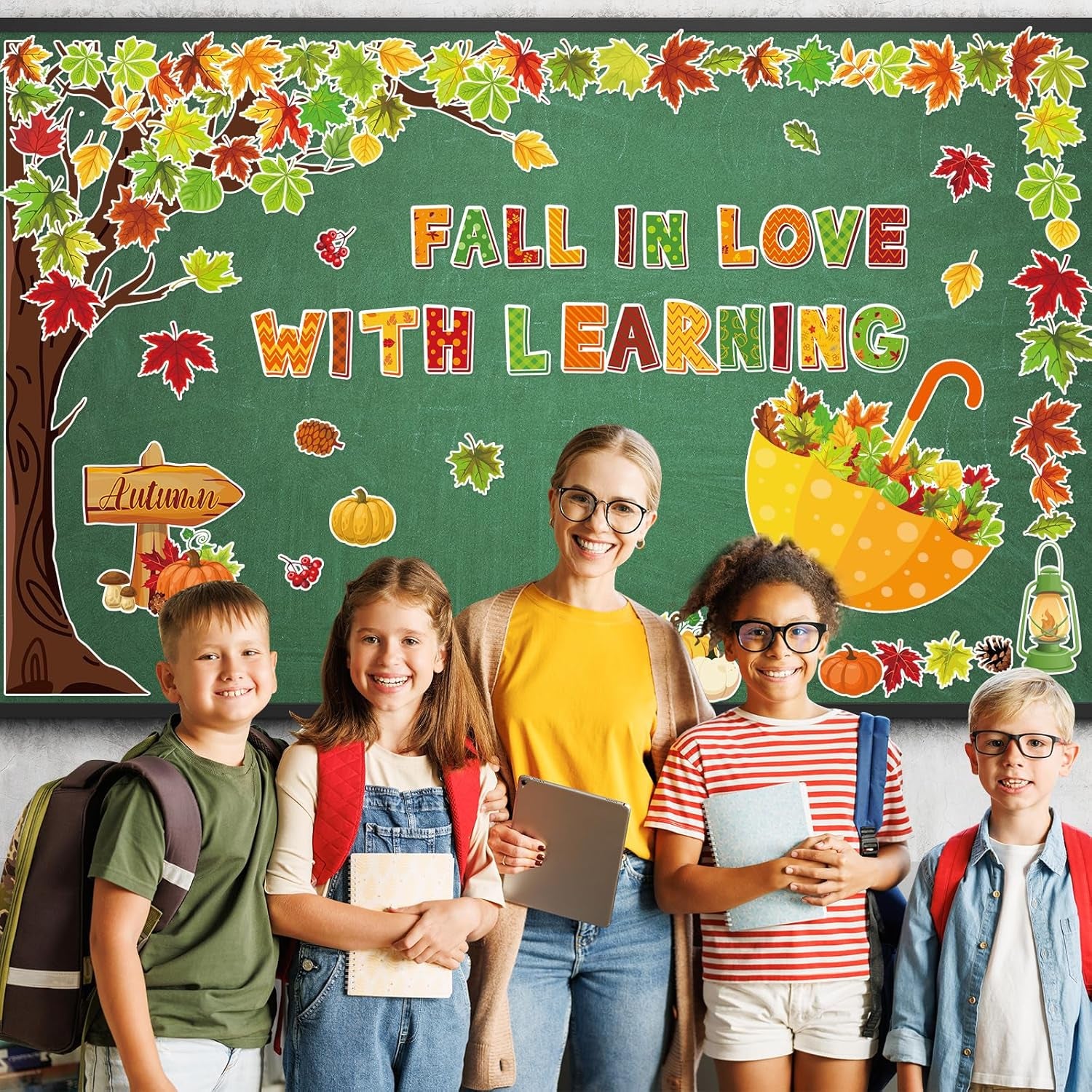 91Pcs Fall in Love with Learning Bulletin Board Decor Set Fall Tree Pumpkin Maple Leaves Umbrella Cutouts with Glue Points for Thanksgiving Autumn Home School Classroom Wall Blackboard Decorations